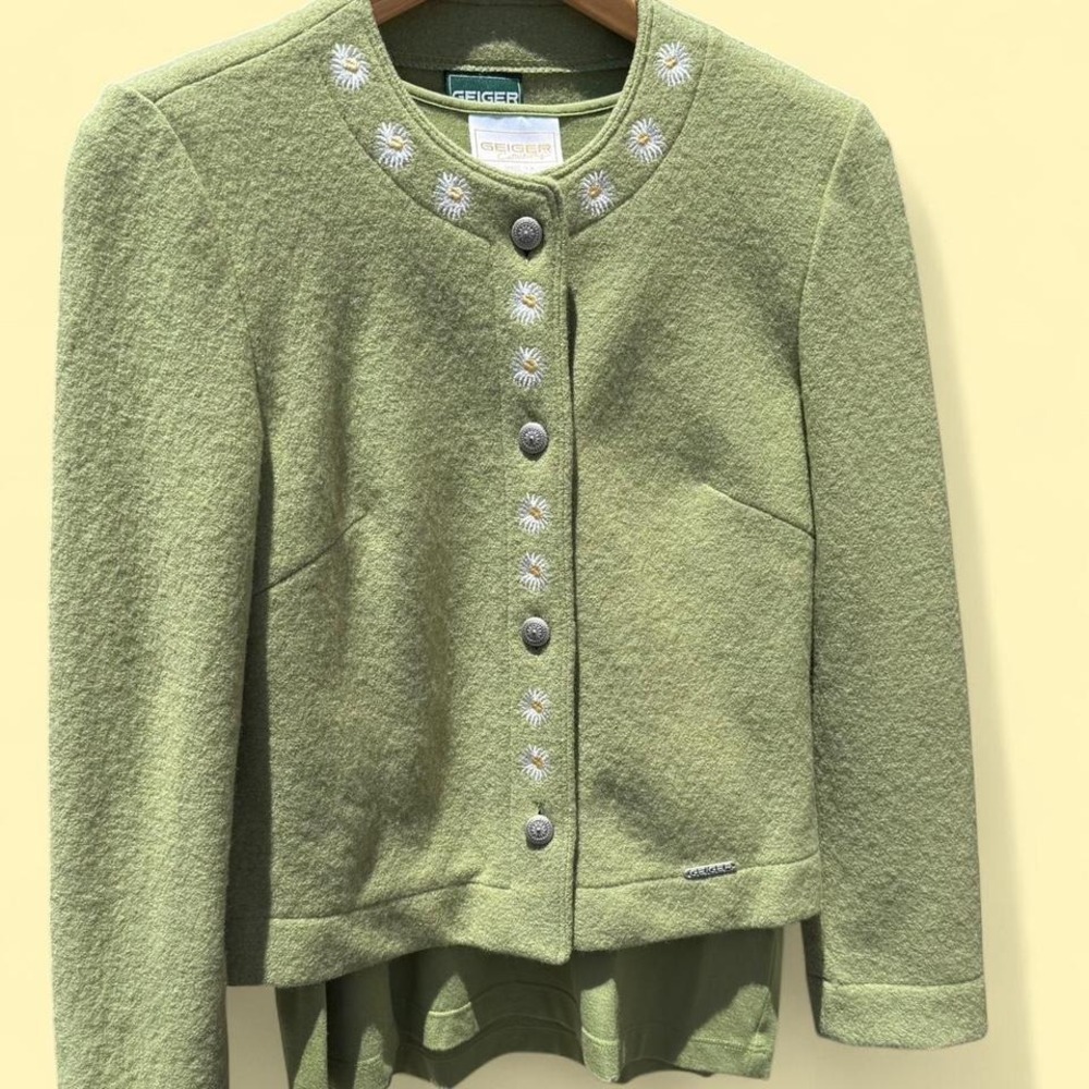 vintage geiger virgin wool 2 piece set cardigan blouse green